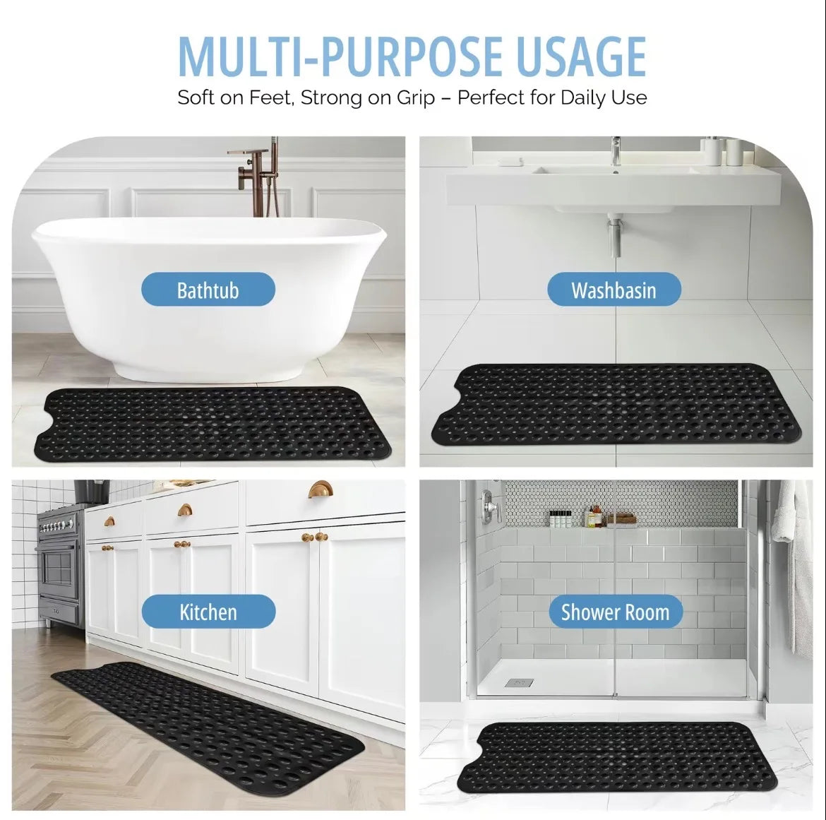 Extra Long Non Slip Bathtub Shower Mat 40 x 16 Inch with Powerful Suction Cups & Drain Holes, Machine Washable Quick Dry Anti-Slip Bath Tub Mat for Inside Shower, Household Bathroom Essential, Available in Gray & Black