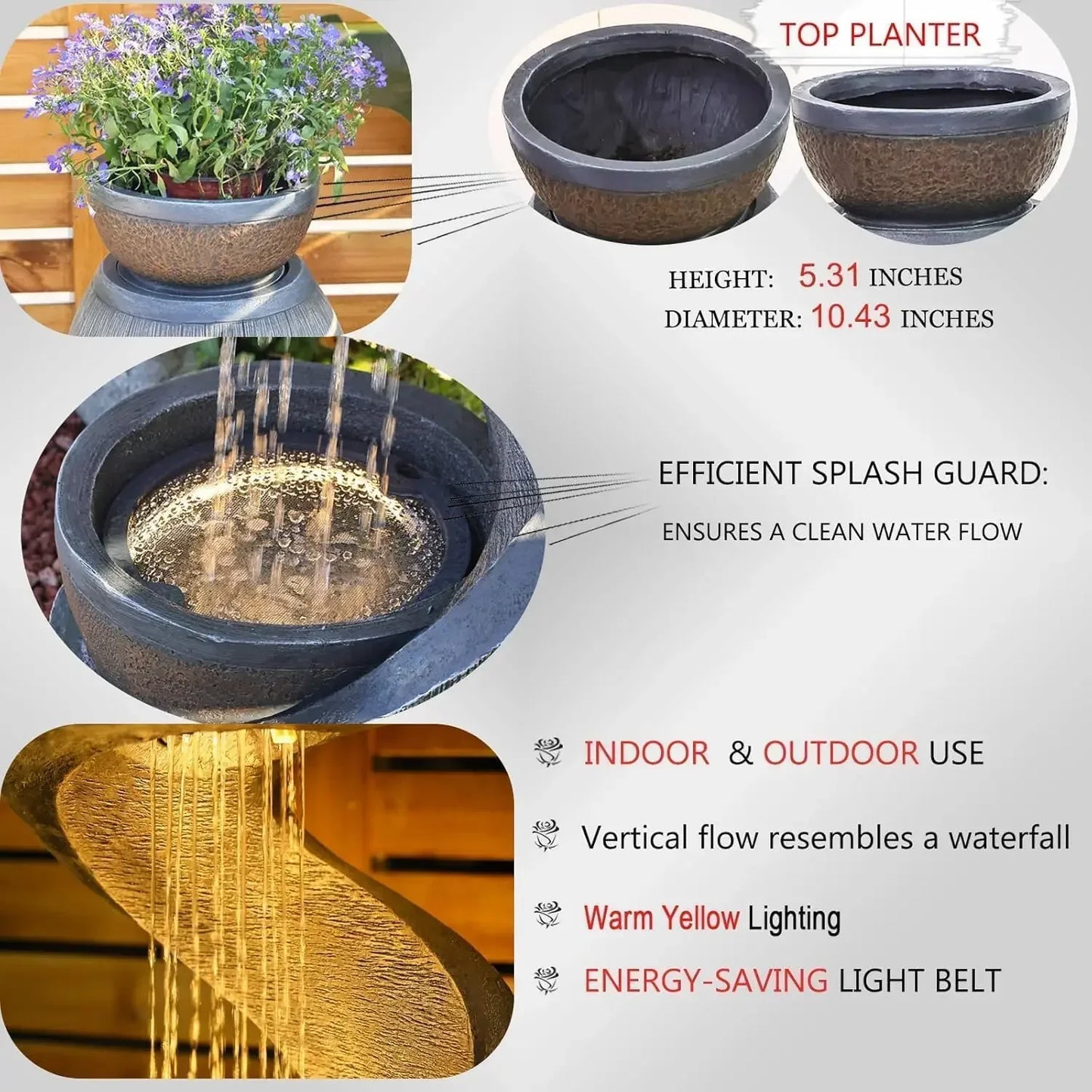 S Shaped Outdoor Water Fountain With Led Lights Planter