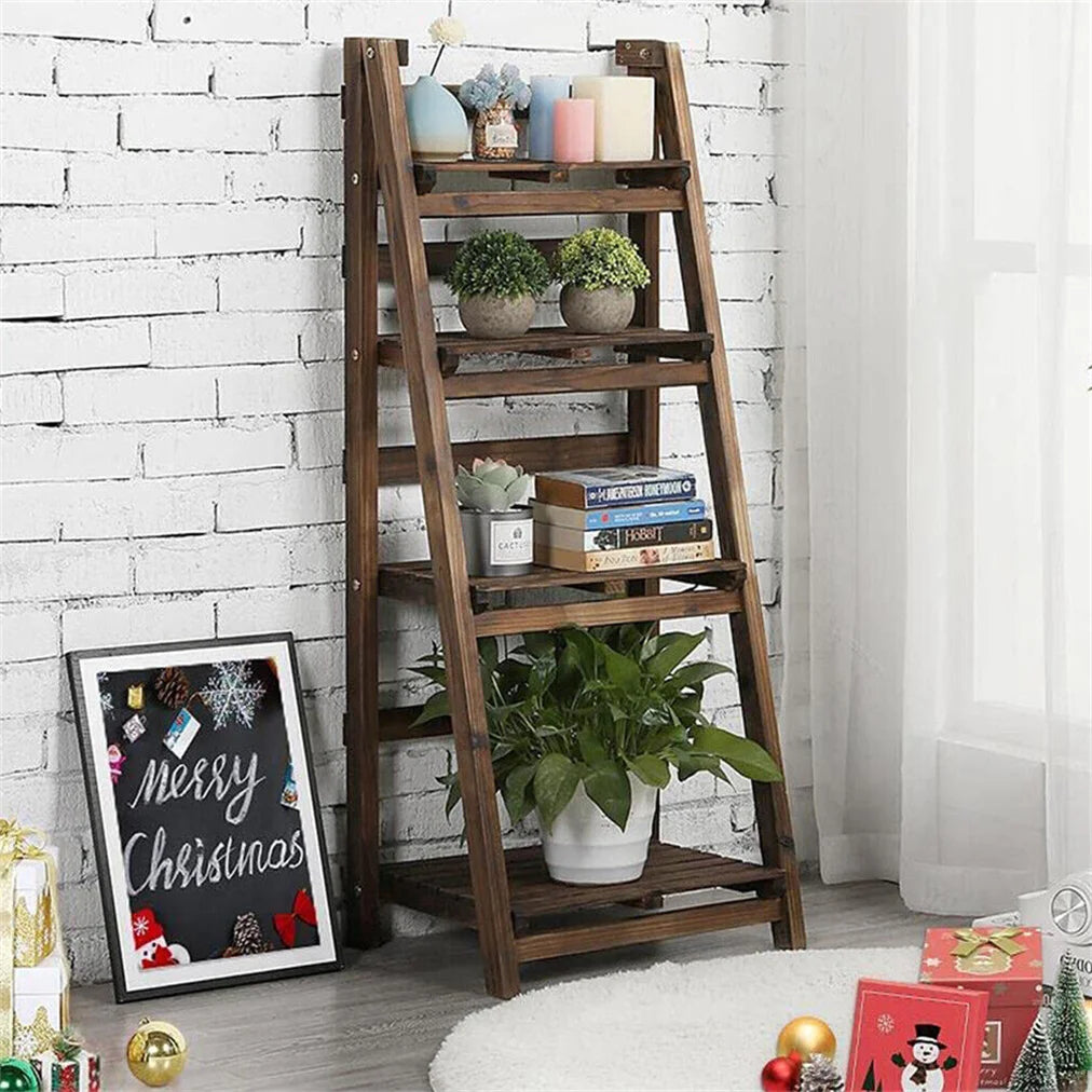 Folding Four Tier Ladder Shelf Wooden Indoor Display Rack