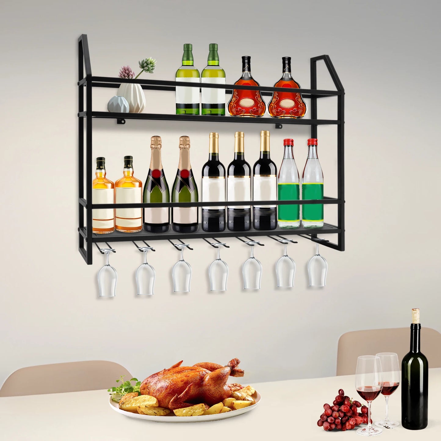 Wall Mounted Wine Rack with Glass Holder Two Tier Metal