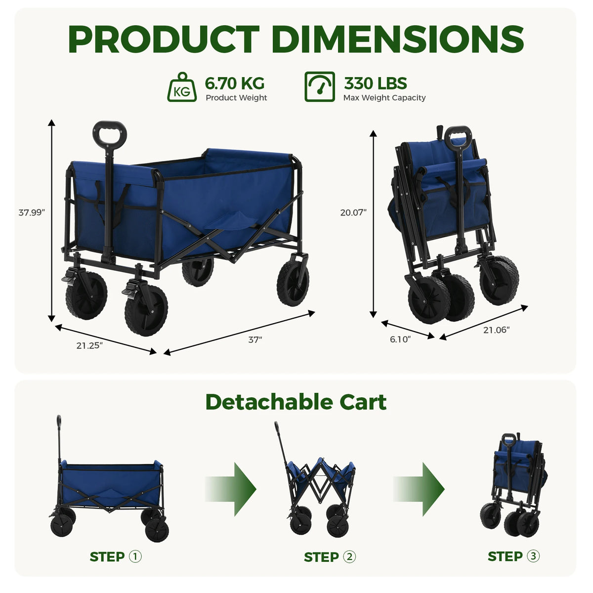 JHK 102L Heavy Duty Collapsible Wagon Cart Utility Folding Wagon with Wheels 330 lbs Weight CapacityFlexible Handle for Camping