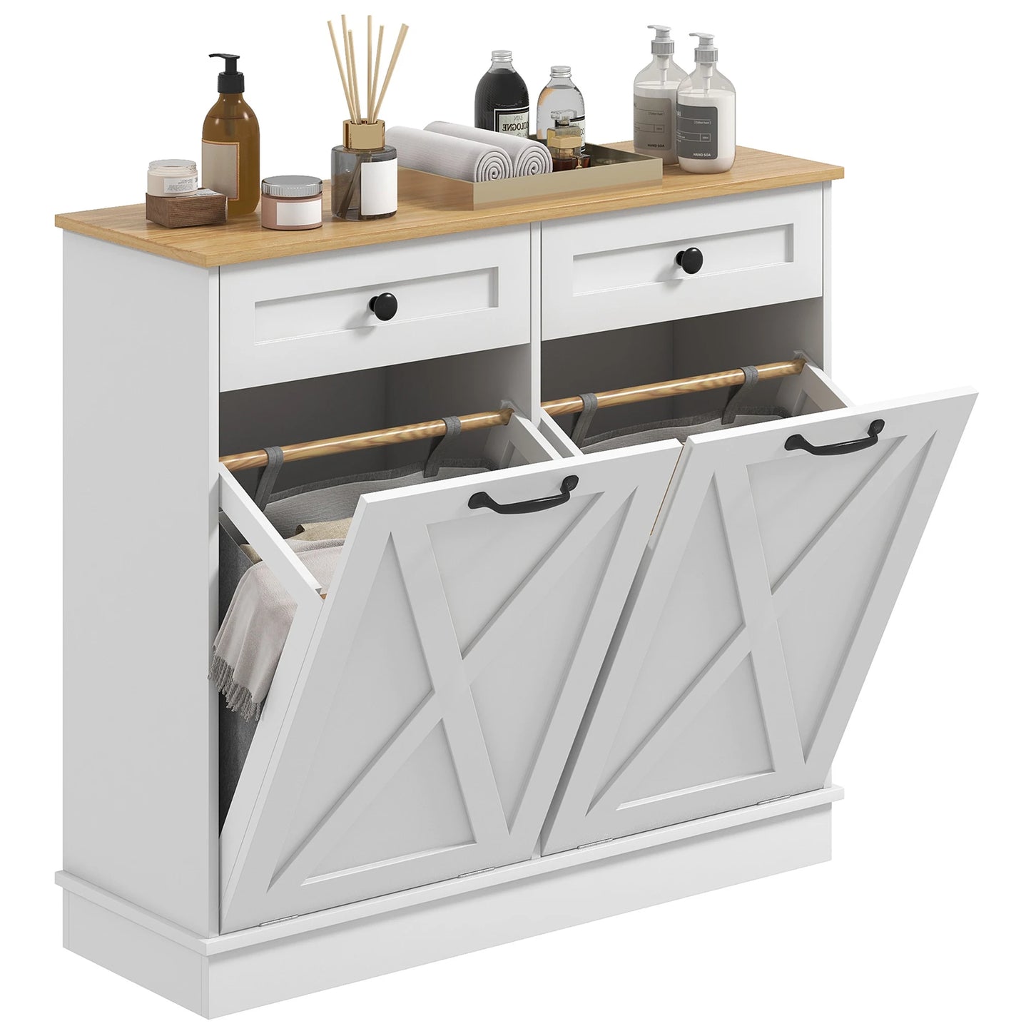 HOMCOM Double Tilt Out Laundry Cabinet With Baskets And Drawers