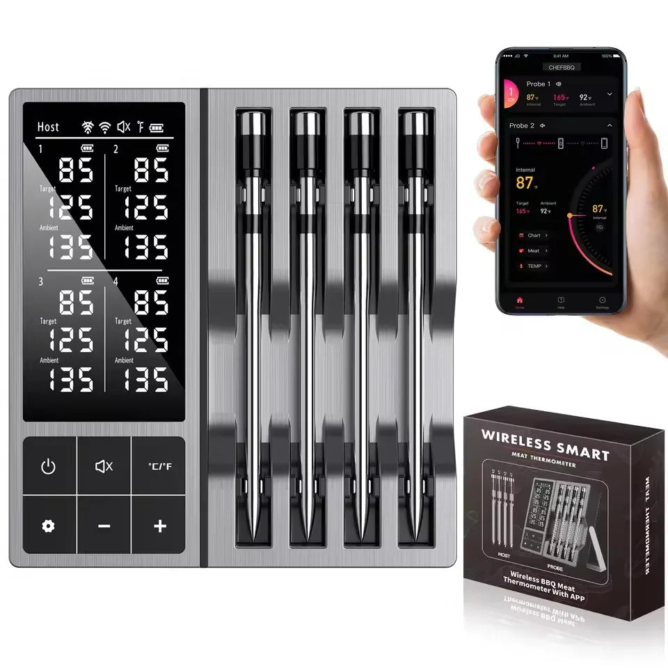 Wireless Bluetooth Meat Thermometer 4 Probe Support Smart Timer & APP Alerts, Big Digital Backlit Screen, for BBQ, Oven, Smoker