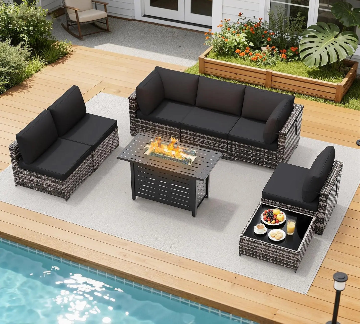 8 Piece Outdoor Patio Furniture Set, Outdoor Sectional Sofa with Firepit Table, Wicker Rattan Patio Furniture,, Customized