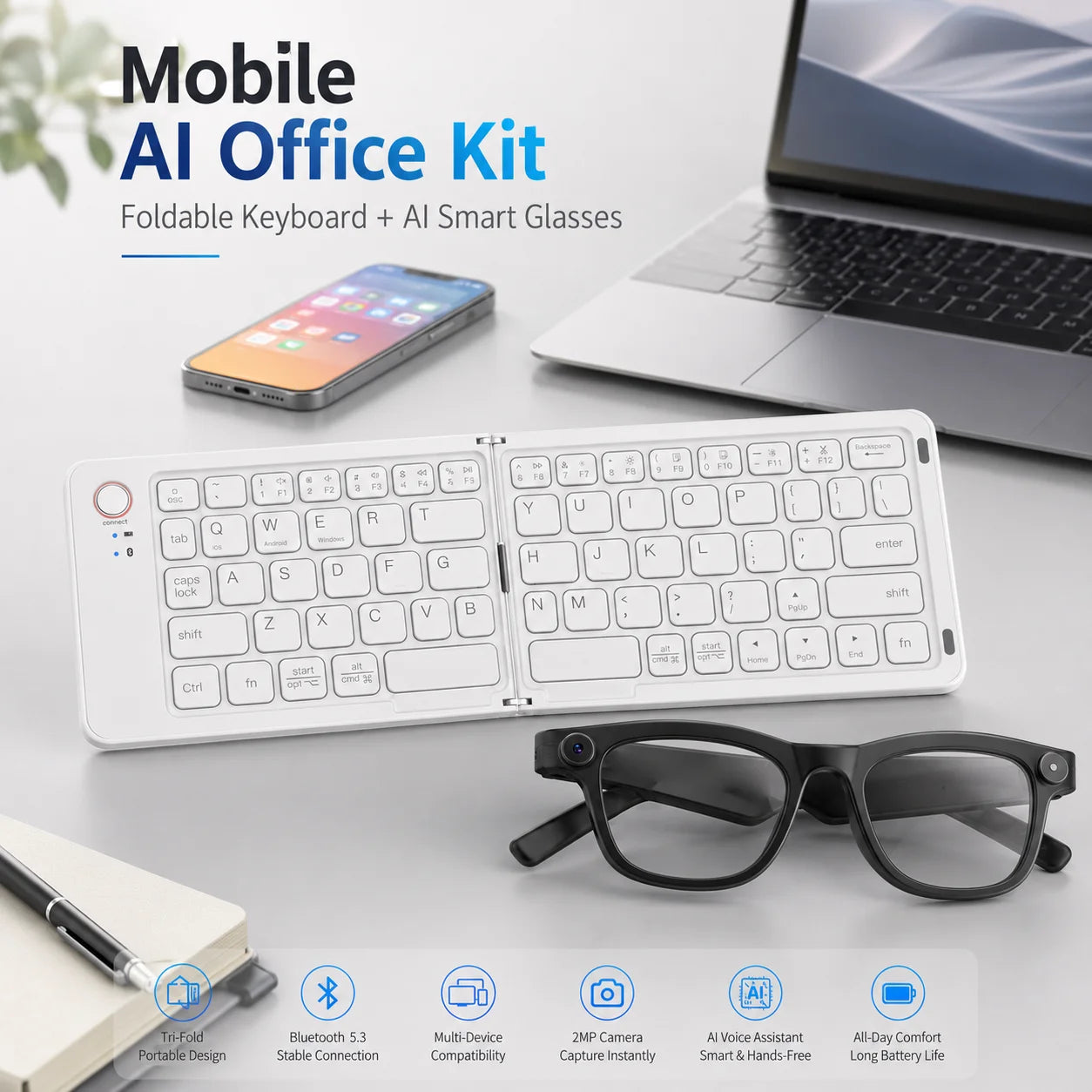 Smart Glasses with Foldable Keyboard 200W Pixel Colorful Double Fold Keyboard Photography Translation Lightweight Glasses Sold as a Set