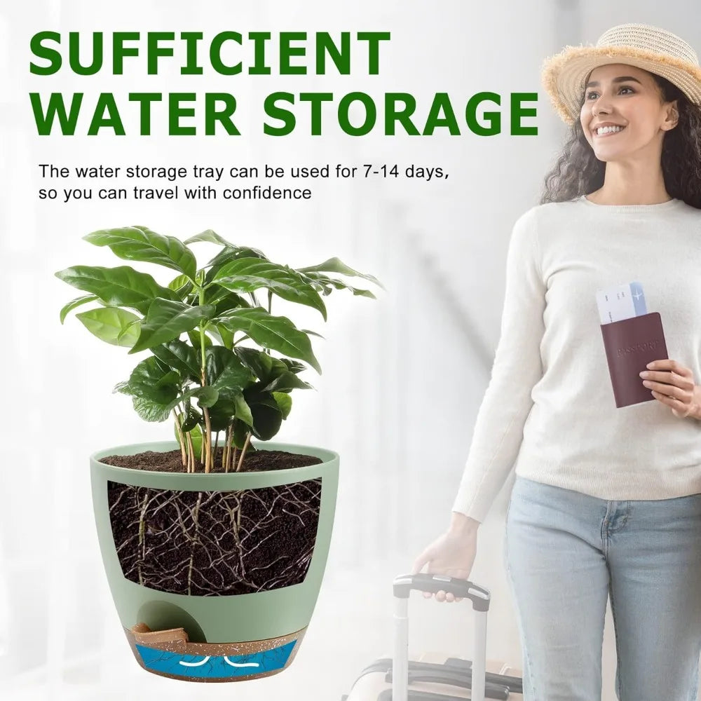 Self Watering Plant Pots Set of 5 with Drainage Saucers Indoor Outdoor Plastic Nursery Planters Green Sizes 7 to 10 Inch