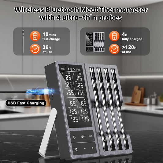 Wireless Bluetooth Meat Thermometer 4 Probe Support Smart Timer & APP Alerts, Big Digital Backlit Screen, for BBQ, Oven, Smoker