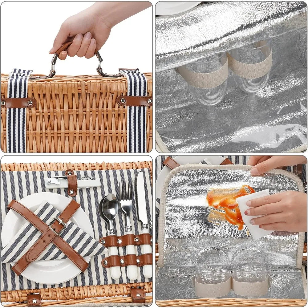 NBVCX Handmade Wicker Picnic Basket for Two with Insulated Cooler