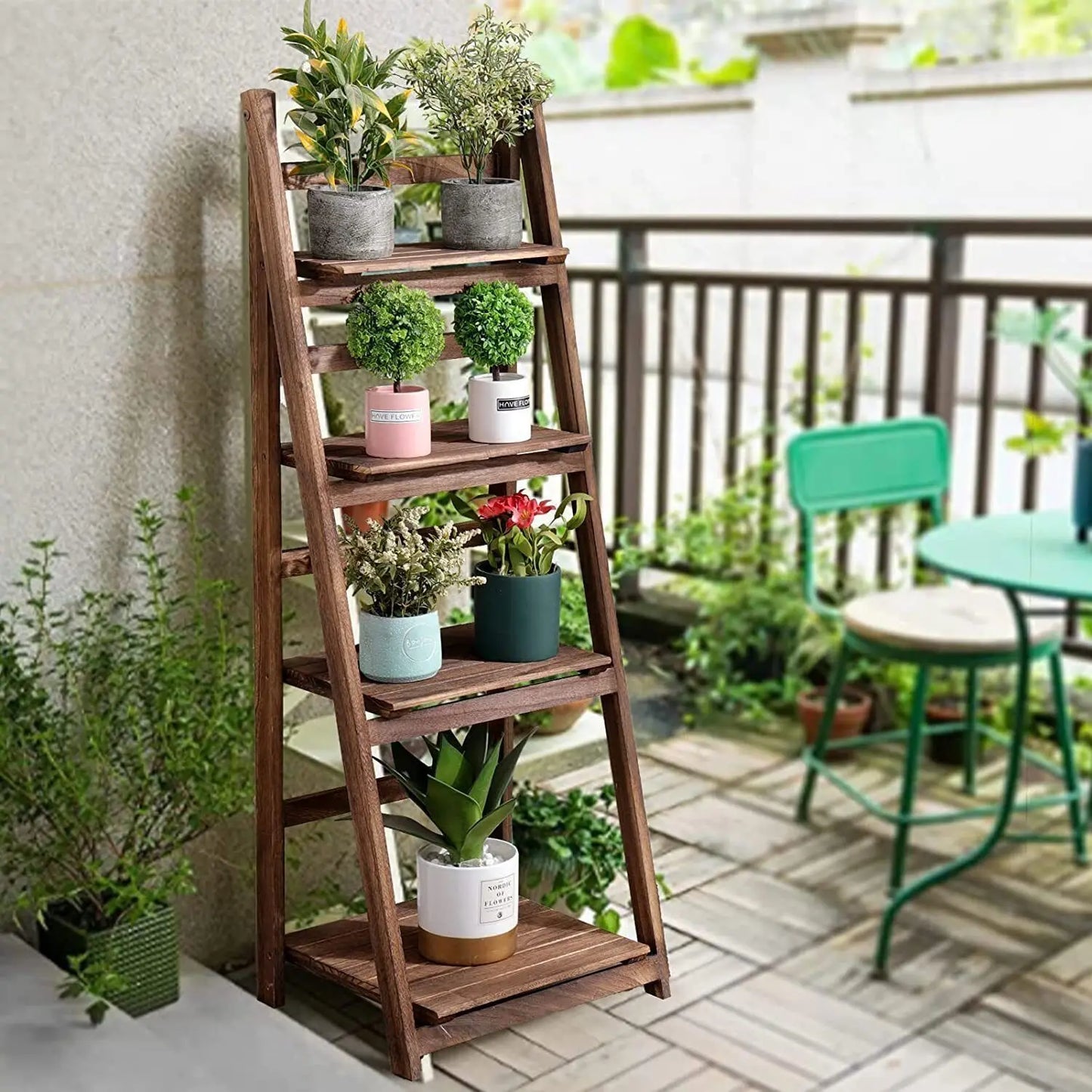 Folding Four Tier Ladder Shelf Wooden Indoor Display Rack