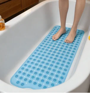 Extra Long Non Slip Bathtub Shower Mat 40 x 16 Inch with Powerful Suction Cups & Drain Holes, Machine Washable Quick Dry Anti-Slip Bath Tub Mat for Inside Shower, Household Bathroom Essential, Available in Gray & Black