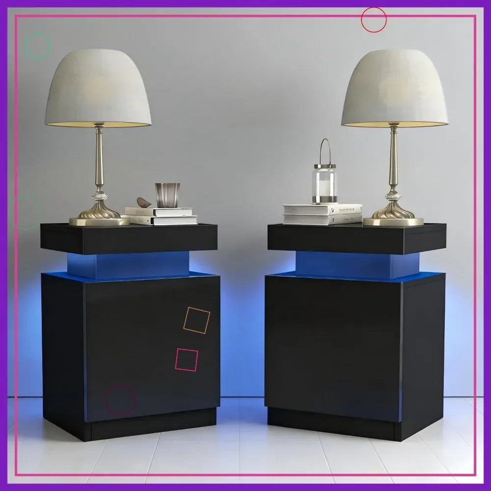 LED Nightstand Set of 2, 17 Inch Modern Bedside Table with Remote Control, High Gloss Storage Cabinet for Bedroom, Black