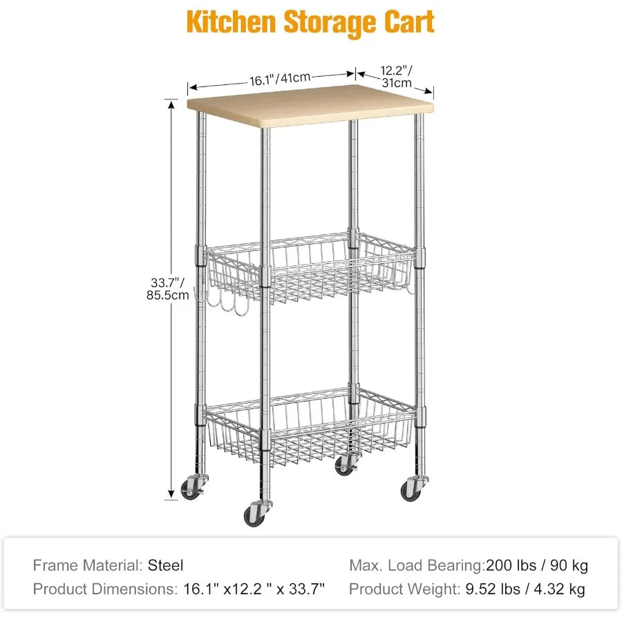 XIUWO 3-Tier Rolling Kitchen Cart With Caster Wheels And Adjustable Baskets