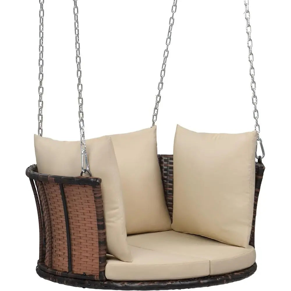 2.4 T 1-Person Use Round Rattan Porch Swing Outdoor Support 440 LBS with Cushions & Adjustable Chains, Patio Wicker Swing Bench
