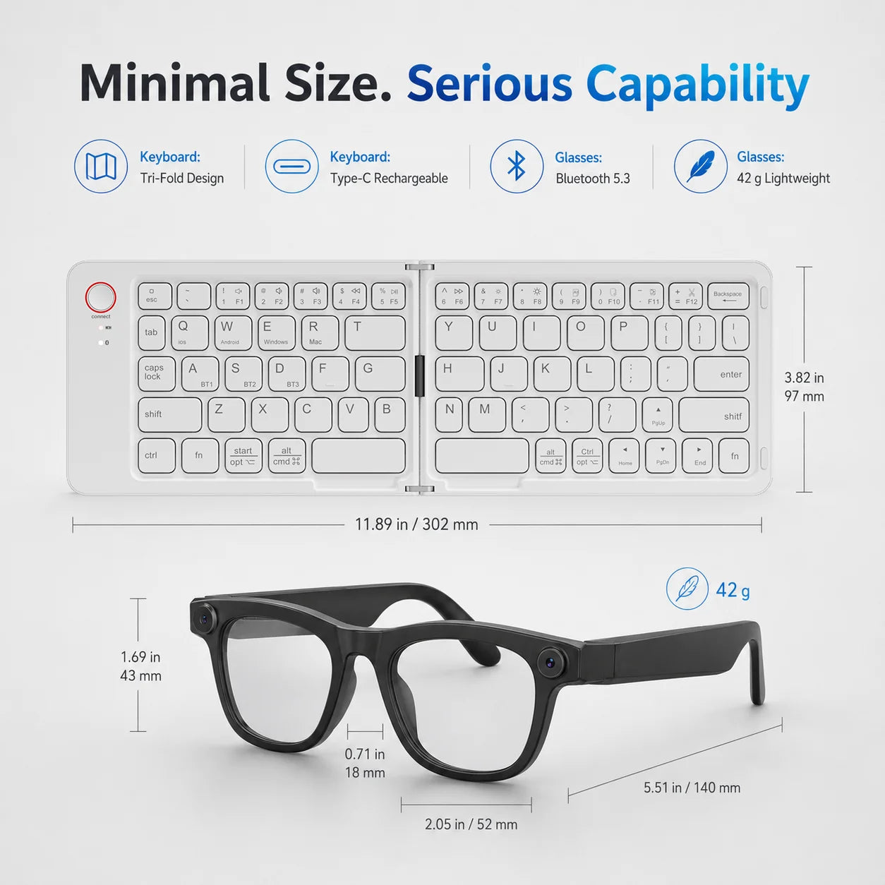 Smart Glasses with Foldable Keyboard 200W Pixel Colorful Double Fold Keyboard Photography Translation Lightweight Glasses Sold as a Set