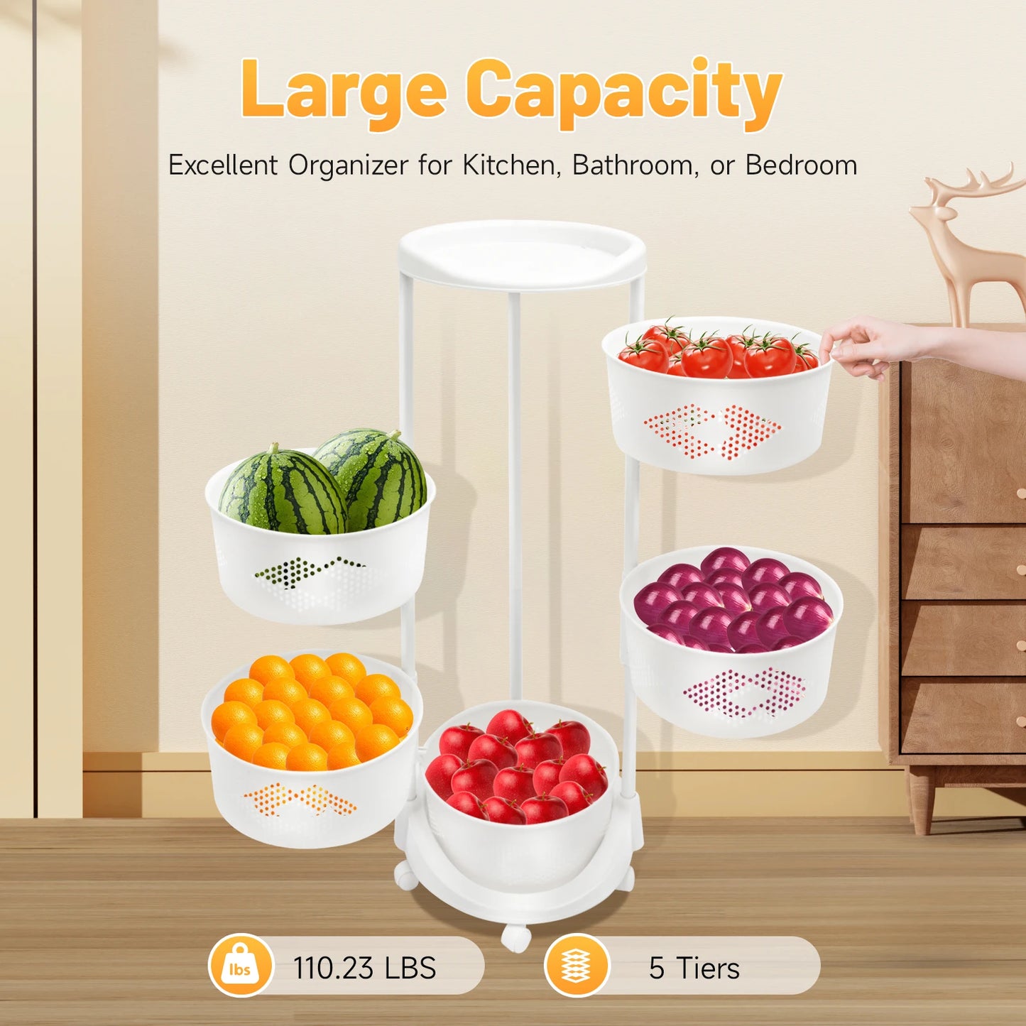 5-Tier Rotating Storage Rack Bearing 110.23lbs PP Shelf Perforated Basket Organizer with Caster for Kitchen Bathroom Living Room