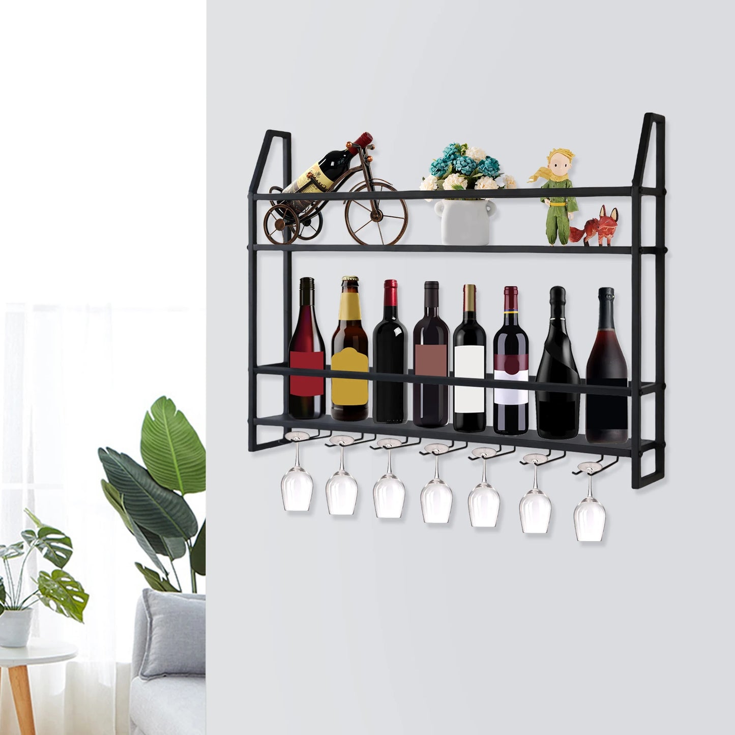 Wall Mounted Wine Rack with Glass Holder Two Tier Metal