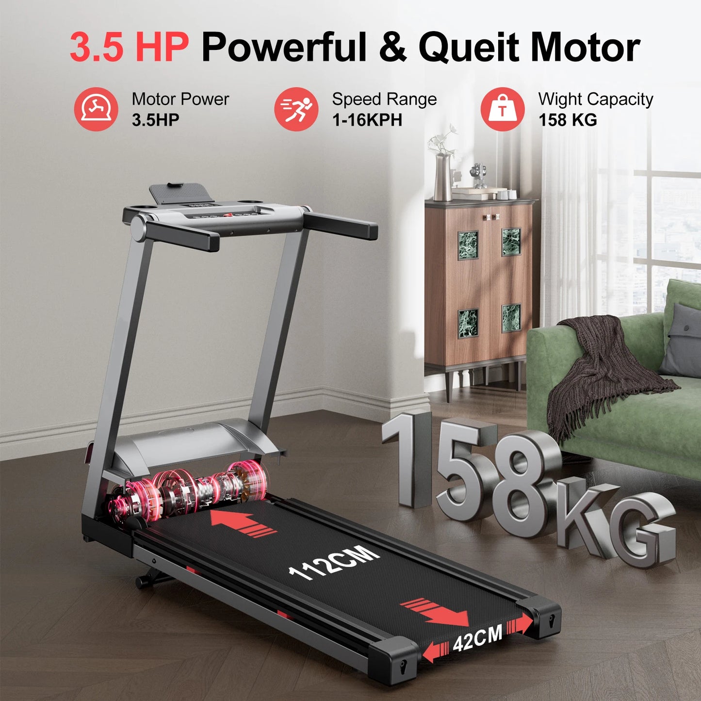 Foldable Incline Treadmill With Bluetooth Touch Screen 350 LBS Capacity