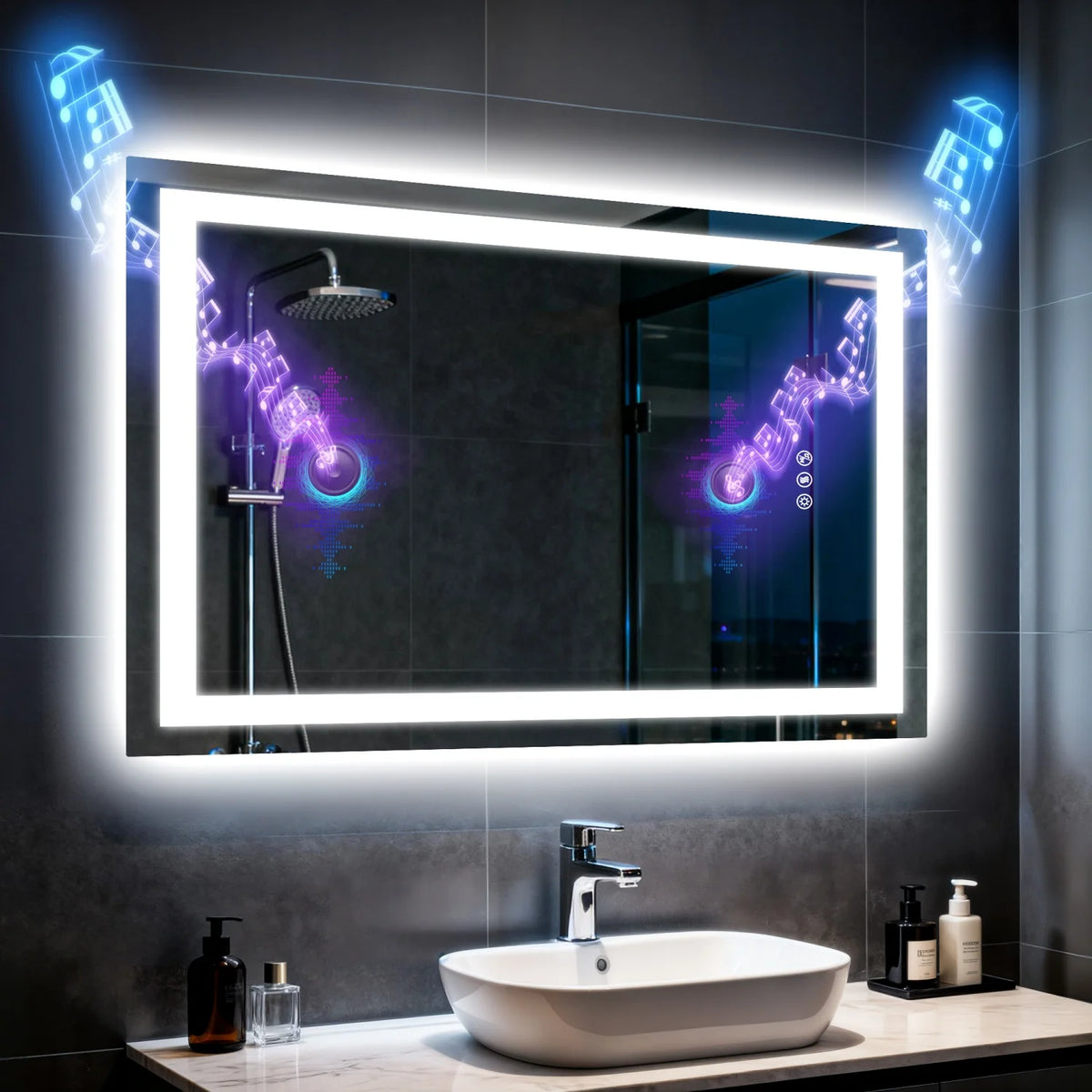 50/60/100/120cm LED Bathroom Mirror Built-in Bluetooth Speaker Anti-Fog Dimmable Backlit Lighted Vanity Makeup Waterproof