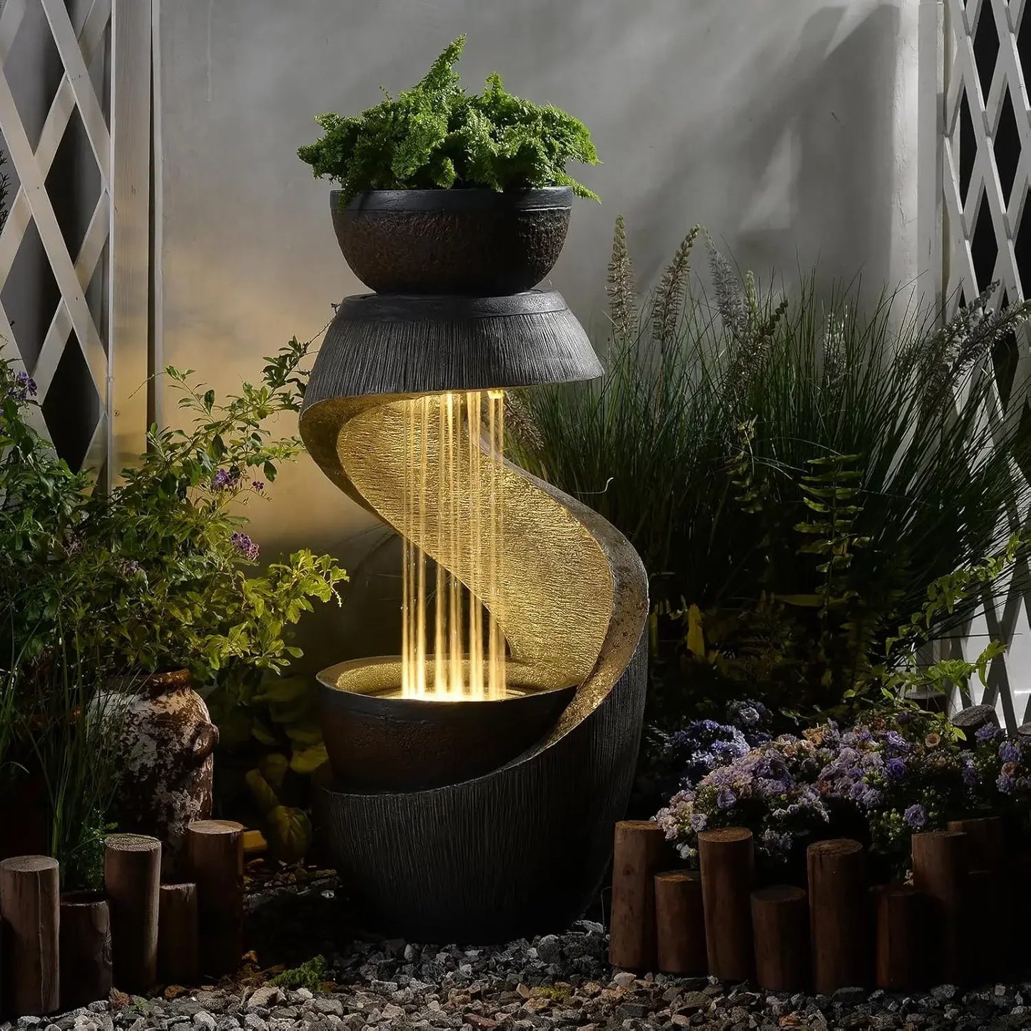 S Shaped Outdoor Water Fountain With Led Lights Planter