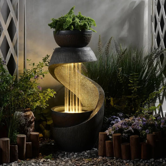 S Shaped Outdoor Water Fountain With Led Lights Planter