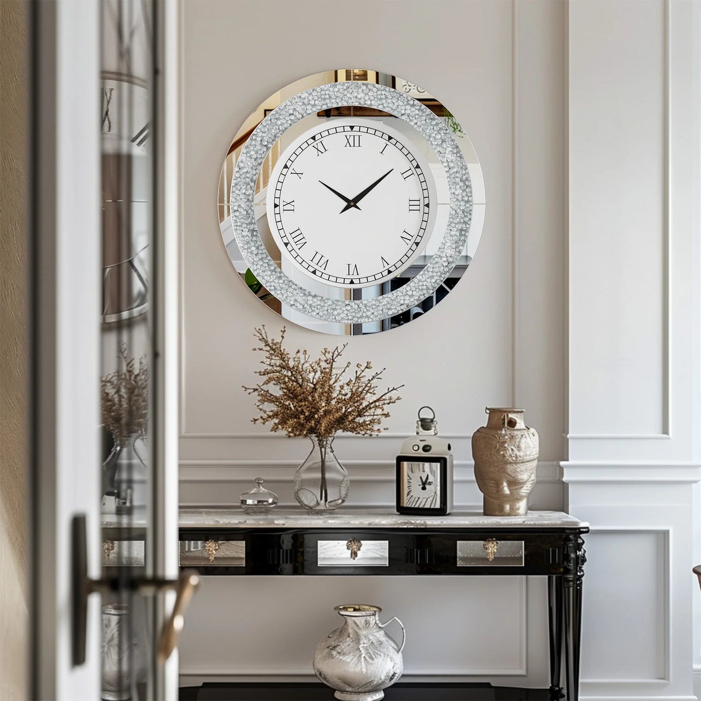 Round Mirror Wall Clock With Crystal Embellishments