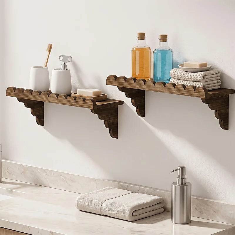 Rustic Scalloped Wooden Floating Wall Shelves Set of 2, Farmhouse Wave Edge Wall Mount Storage Shelf, Decorative Bathroom Organizer Rack for Bedroom, Kitchen, Entryway, Dark Burnt Wood Finish