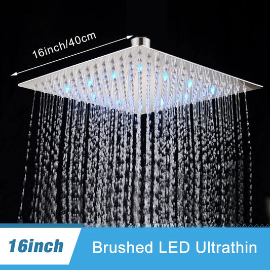 Luxury Brushed Nickel/Chrome/Black LED 16inch Rainfall Shower Head Stainless Steel Square Color Changing Lights Showerhead