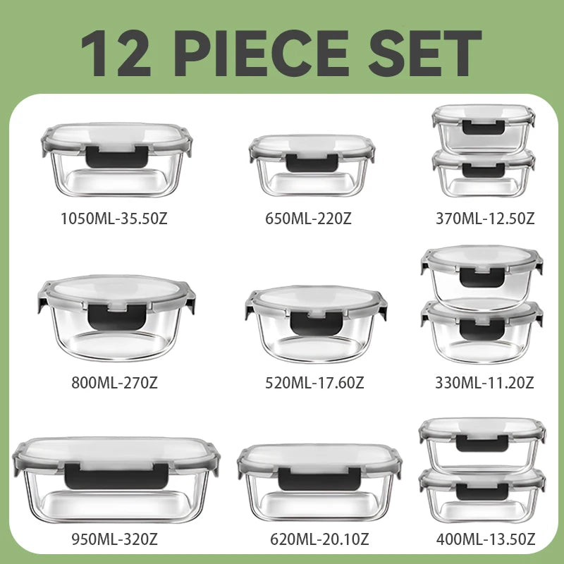 Glass Lunch Box Set, 12 Piece Airtight Food Storage Containers BPA Free