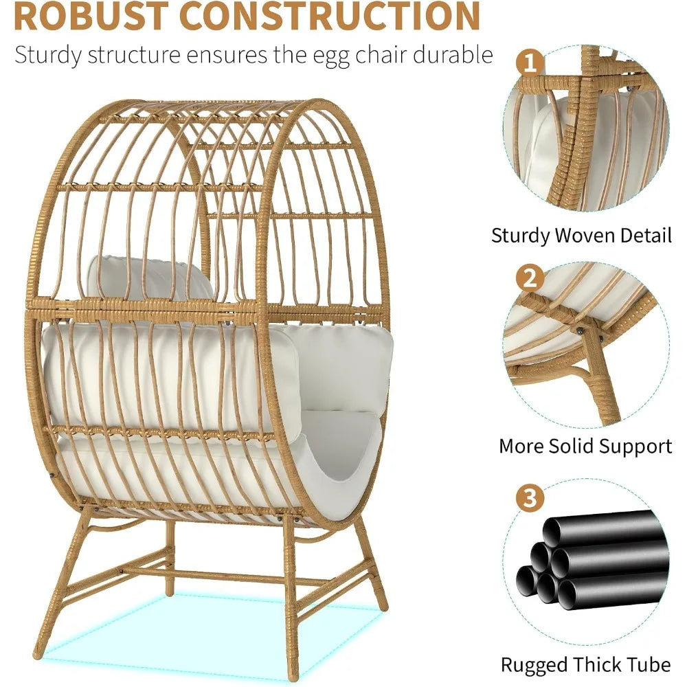 Oversized Egg Chair Rattan Wicker Patio Lounge with Thick Cushion 350LBS Capacity for Indoor Outdoor Living Room Balcony