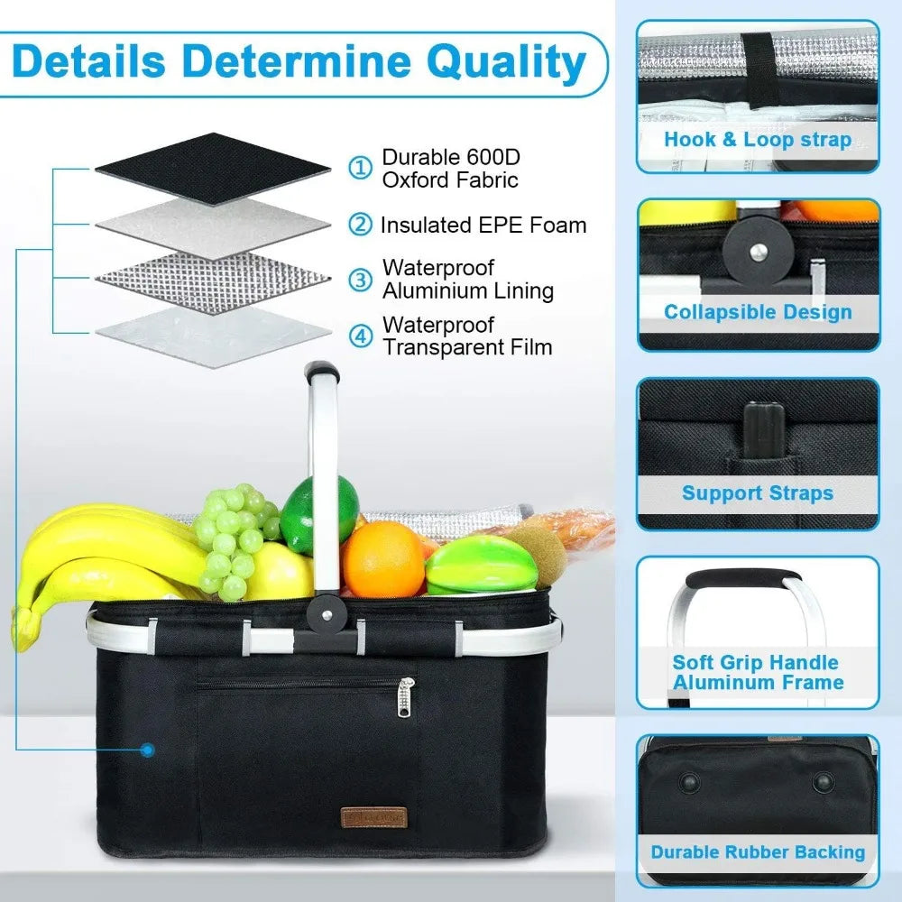 NBVCX Insulated Picnic Basket With Double Layer Pockets And Leakproof