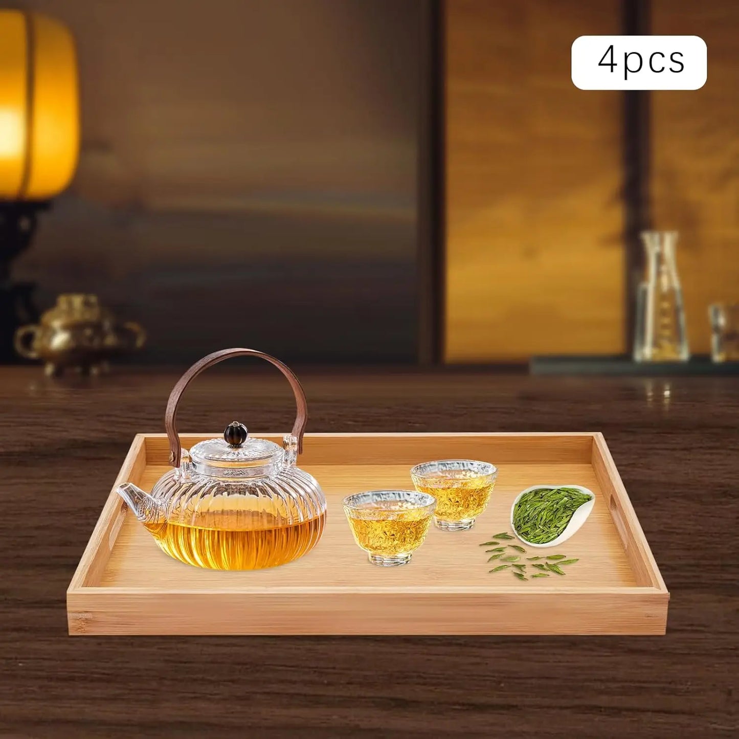 4 Pcs Large Bamboo Serving Tray Rectangular Wooden Breakfast Tray Dinner Tray Decorative for Lap & Couch 18 X 13 X 1.4in