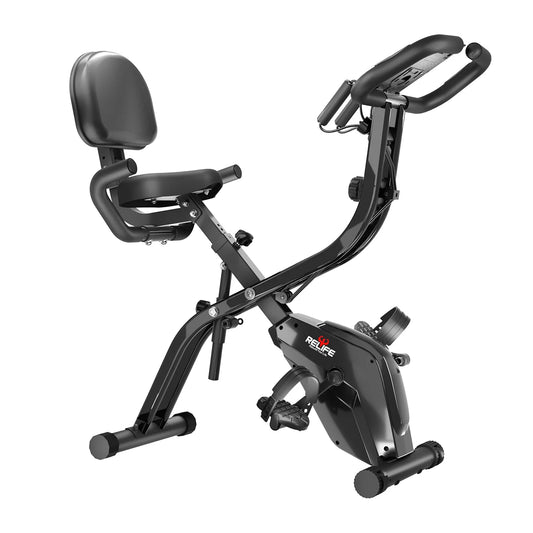 Relife 3 in 1 Folding Exercise Bike Foldable Stationary Bike Upright & Recumbent Cycling Trainer with Arm Resistance Bands LCD Monitor 10 Level Resistance Adjustable Seat Backrest Home Indoor Workout Fitness Machine for Adult