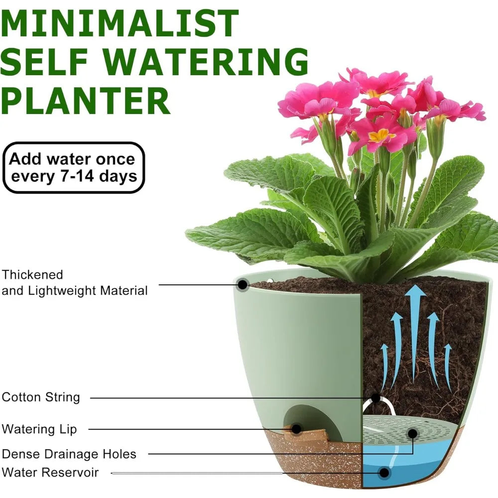 Self Watering Plant Pots Set of 5 with Drainage Saucers Indoor Outdoor Plastic Nursery Planters Green Sizes 7 to 10 Inch