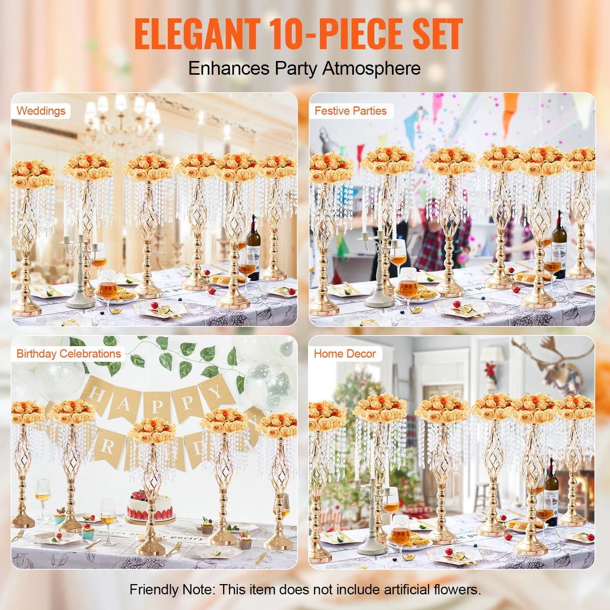 SucceBuy Tall Crystal Wedding Flower Stand Metal Wedding Centerpiece Vase Gold Flower Holders Floral Display Rack for Wedding