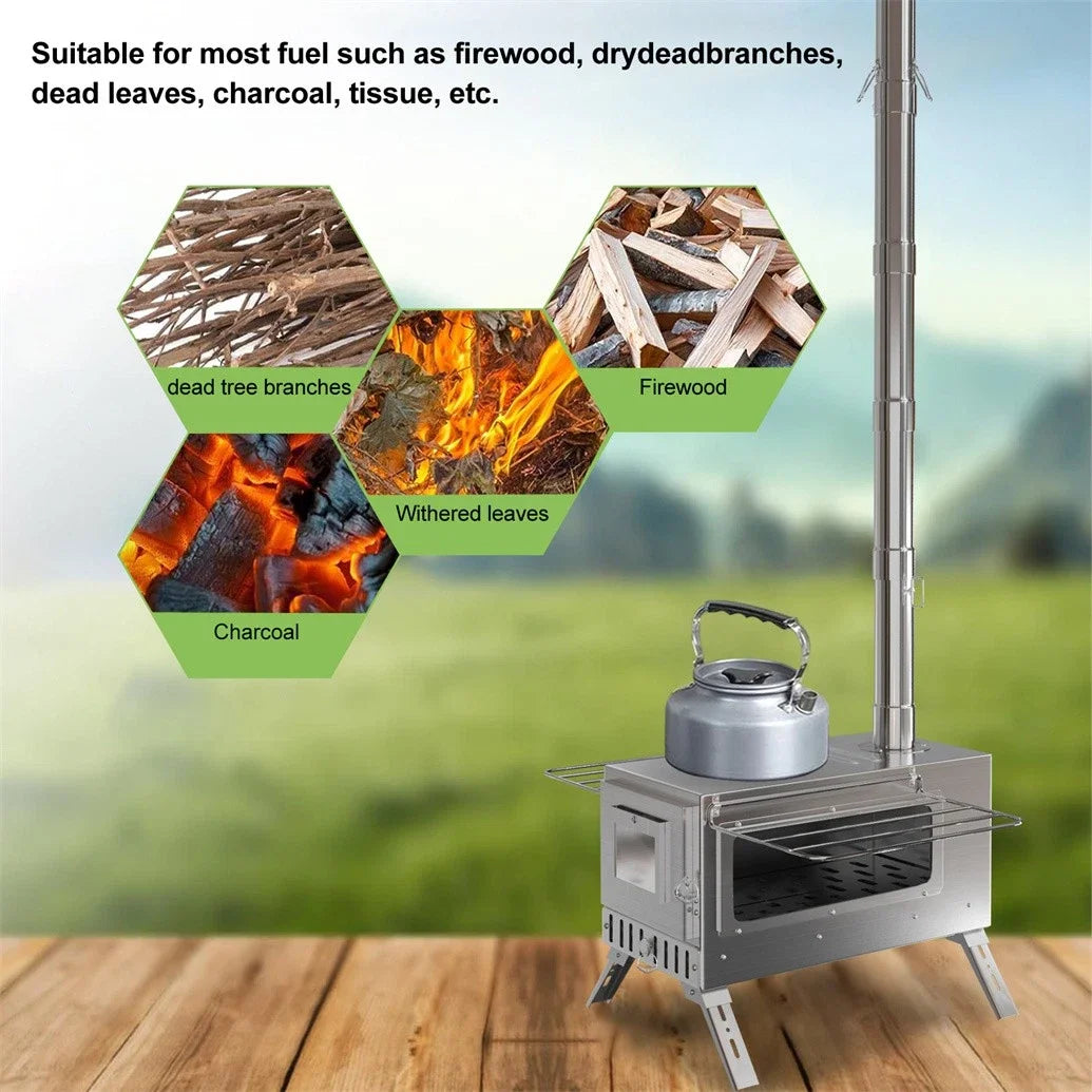 Unho Wood Burning Portable Tent Stove With Stainless Chimney Pipes