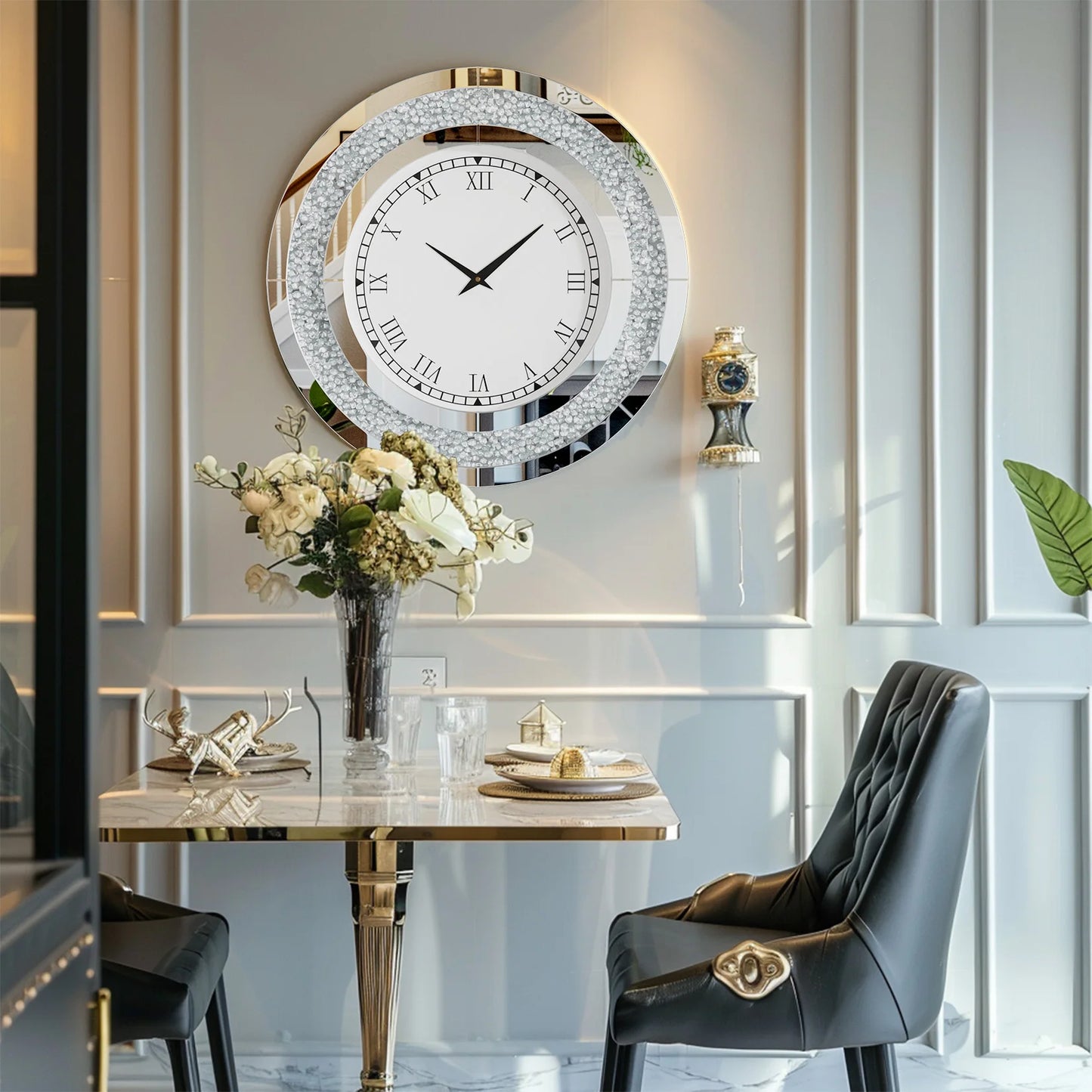 Round Mirror Wall Clock With Crystal Embellishments