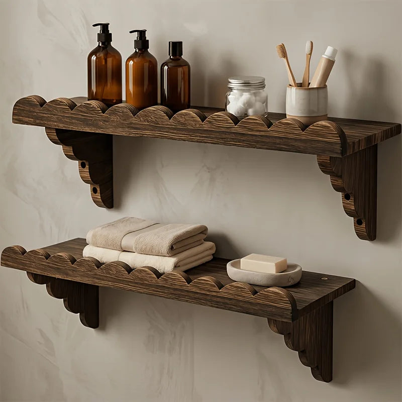 Rustic Scalloped Wooden Floating Wall Shelves Set of 2, Farmhouse Wave Edge Wall Mount Storage Shelf, Decorative Bathroom Organizer Rack for Bedroom, Kitchen, Entryway, Dark Burnt Wood Finish