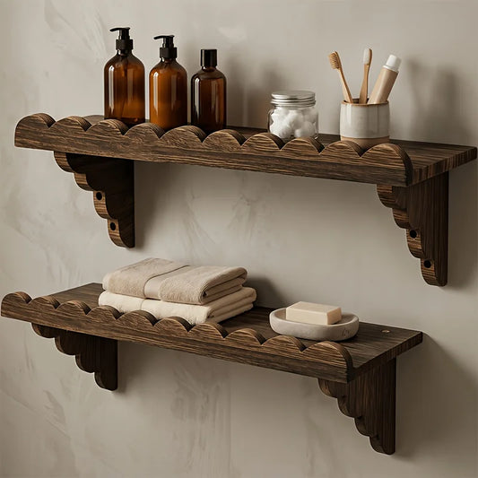 Rustic Scalloped Wooden Floating Wall Shelves Set of 2, Farmhouse Wave Edge Wall Mount Storage Shelf, Decorative Bathroom Organizer Rack for Bedroom, Kitchen, Entryway, Dark Burnt Wood Finish