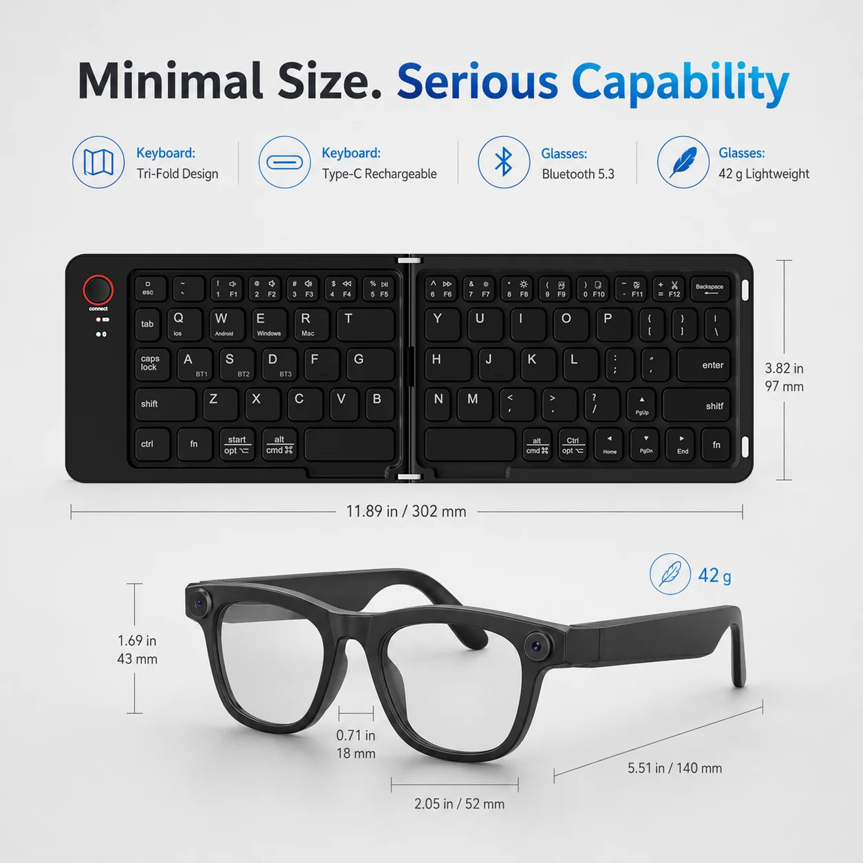 Smart Glasses with Foldable Keyboard 200W Pixel Colorful Double Fold Keyboard Photography Translation Lightweight Glasses Sold as a Set