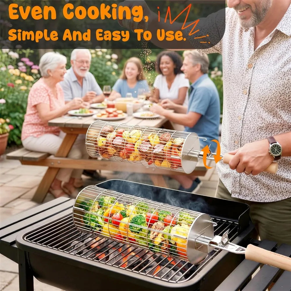 XIUWO Stainless Steel Rolling Grill Basket With Removable Handle