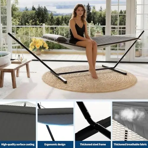 Double Outdoor Hammock For Two With Cushion And Foldable Steel Stand – Portable Heavy Duty For Garden, Patio, Beach, Backyard