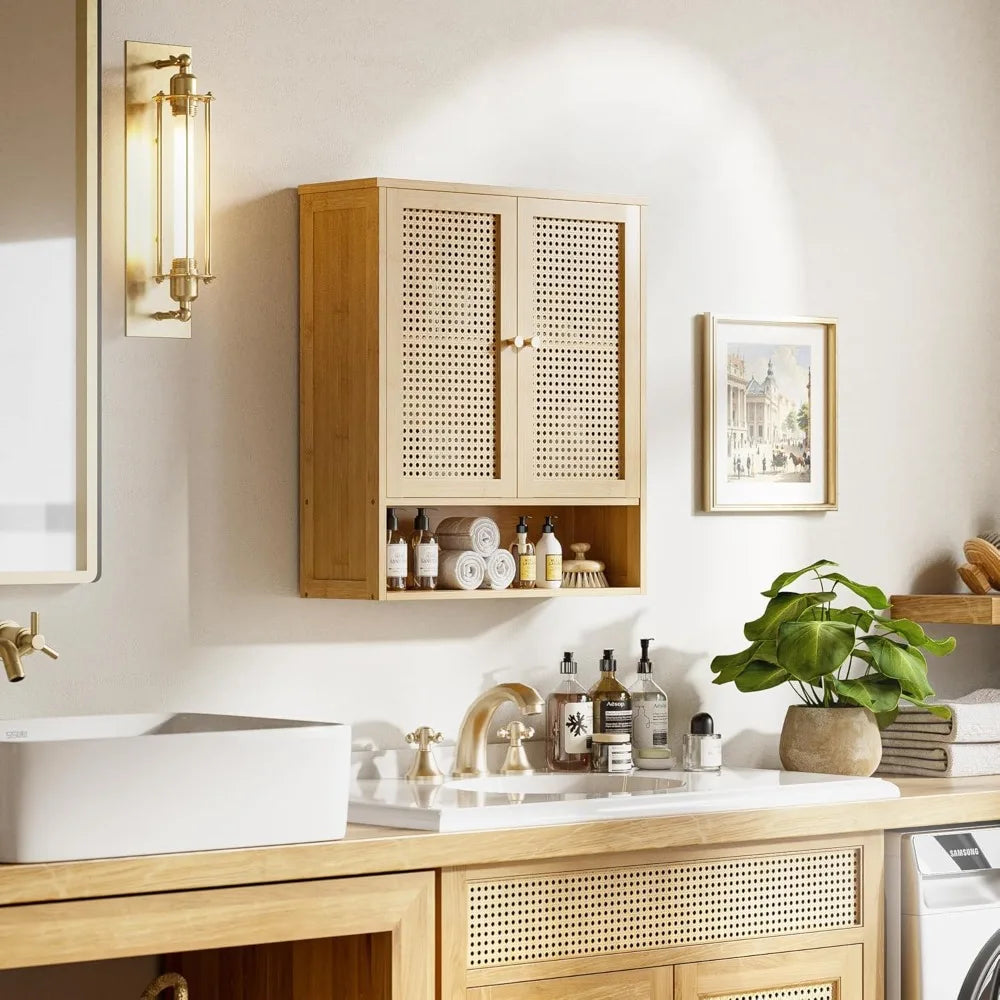 XIUWO Rattan Wall Mount Medicine Cabinet Over Toilet