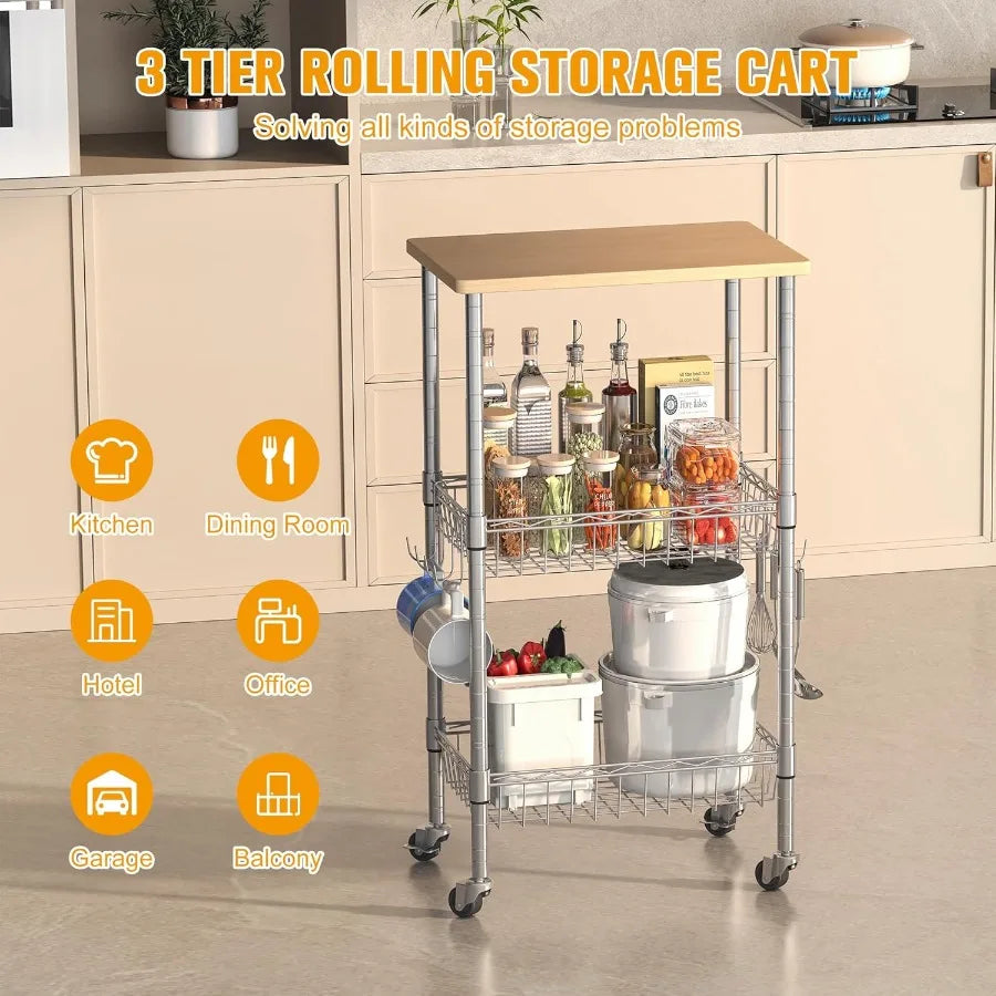 XIUWO 3-Tier Rolling Kitchen Cart With Caster Wheels And Adjustable Baskets