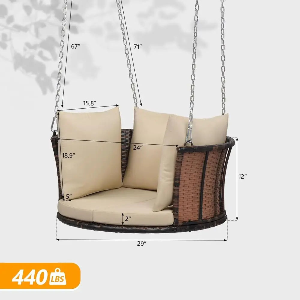 2.4 T 1-Person Use Round Rattan Porch Swing Outdoor Support 440 LBS with Cushions & Adjustable Chains, Patio Wicker Swing Bench