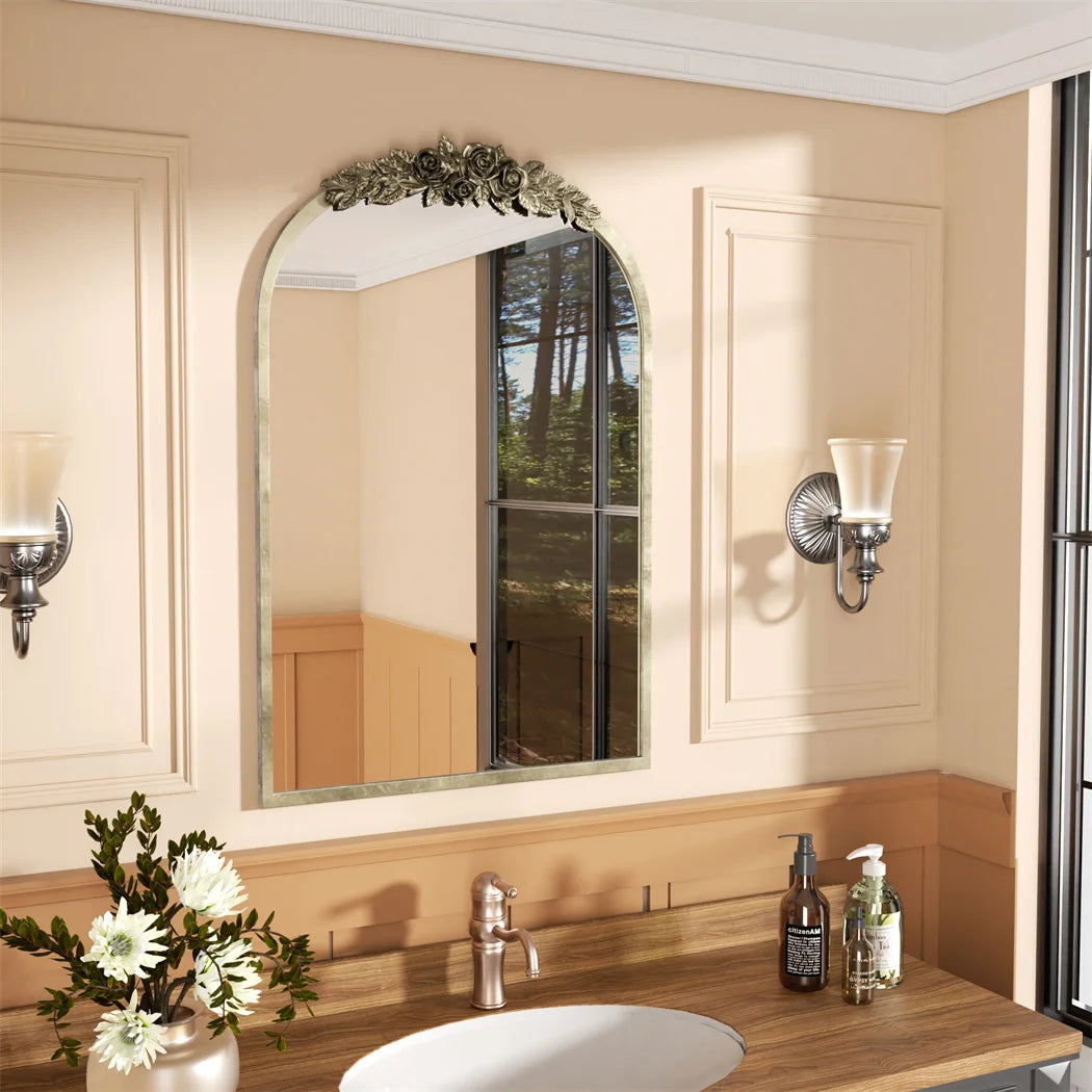 LUVODI Arched Wall Mirror With Resin Rose Pattern Accent