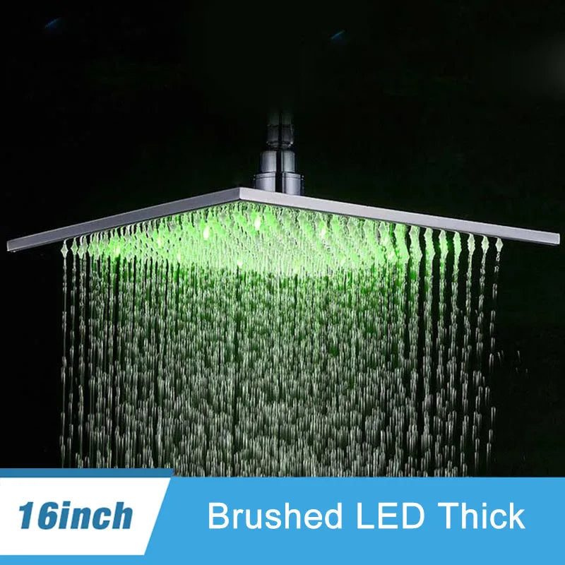 Luxury Brushed Nickel/Chrome/Black LED 16inch Rainfall Shower Head Stainless Steel Square Color Changing Lights Showerhead