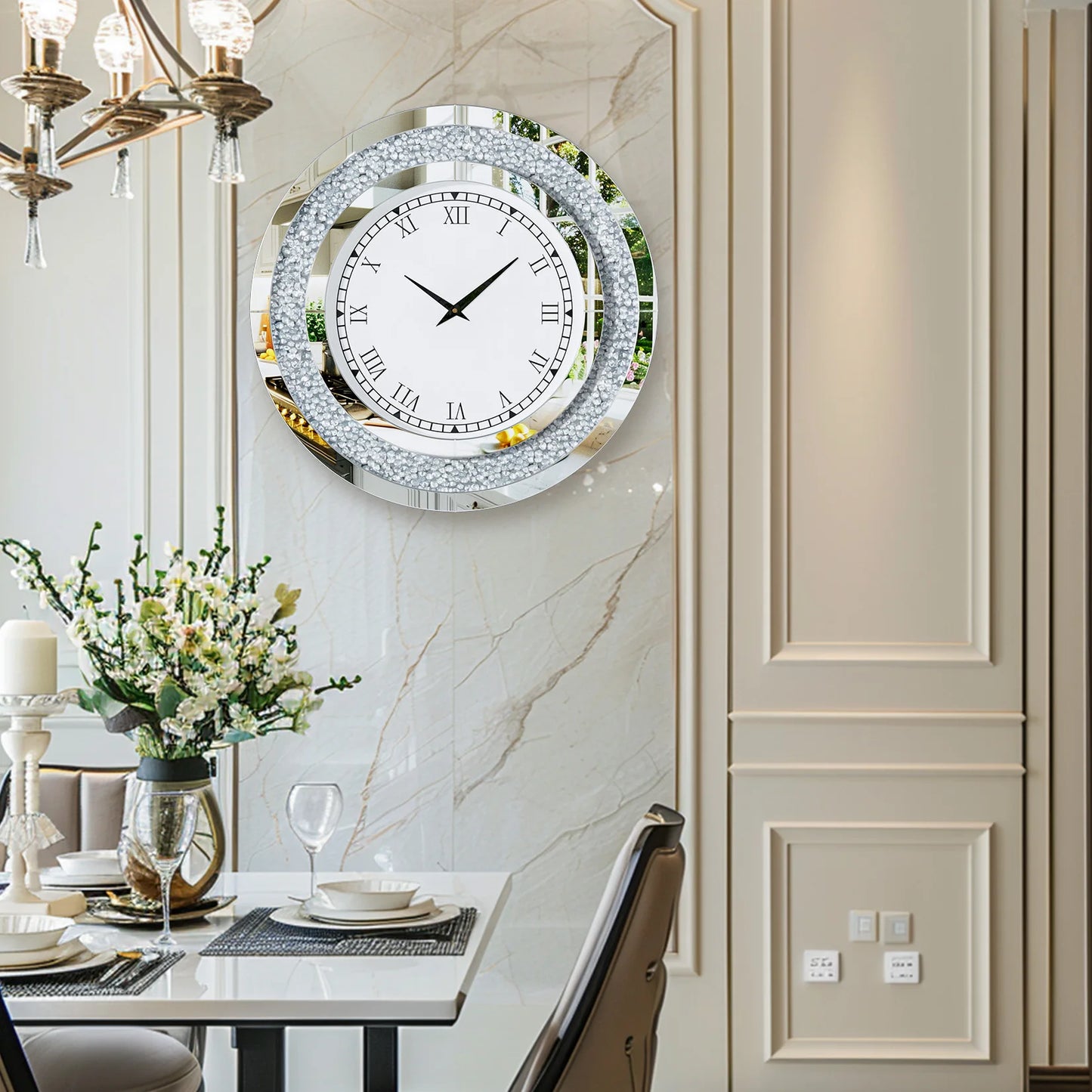 Round Mirror Wall Clock With Crystal Embellishments