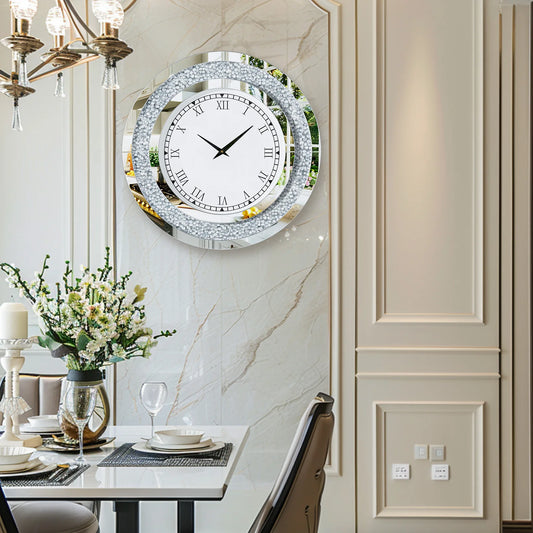 Round Mirror Wall Clock Crystal Sparkle Dial For Living Room