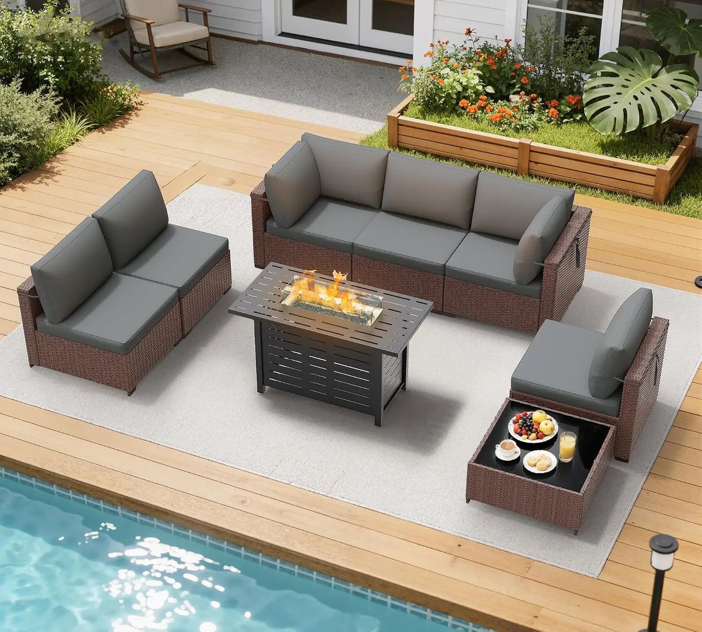 8 Piece Outdoor Patio Furniture Set, Outdoor Sectional Sofa with Firepit Table, Wicker Rattan Patio Furniture,, Customized
