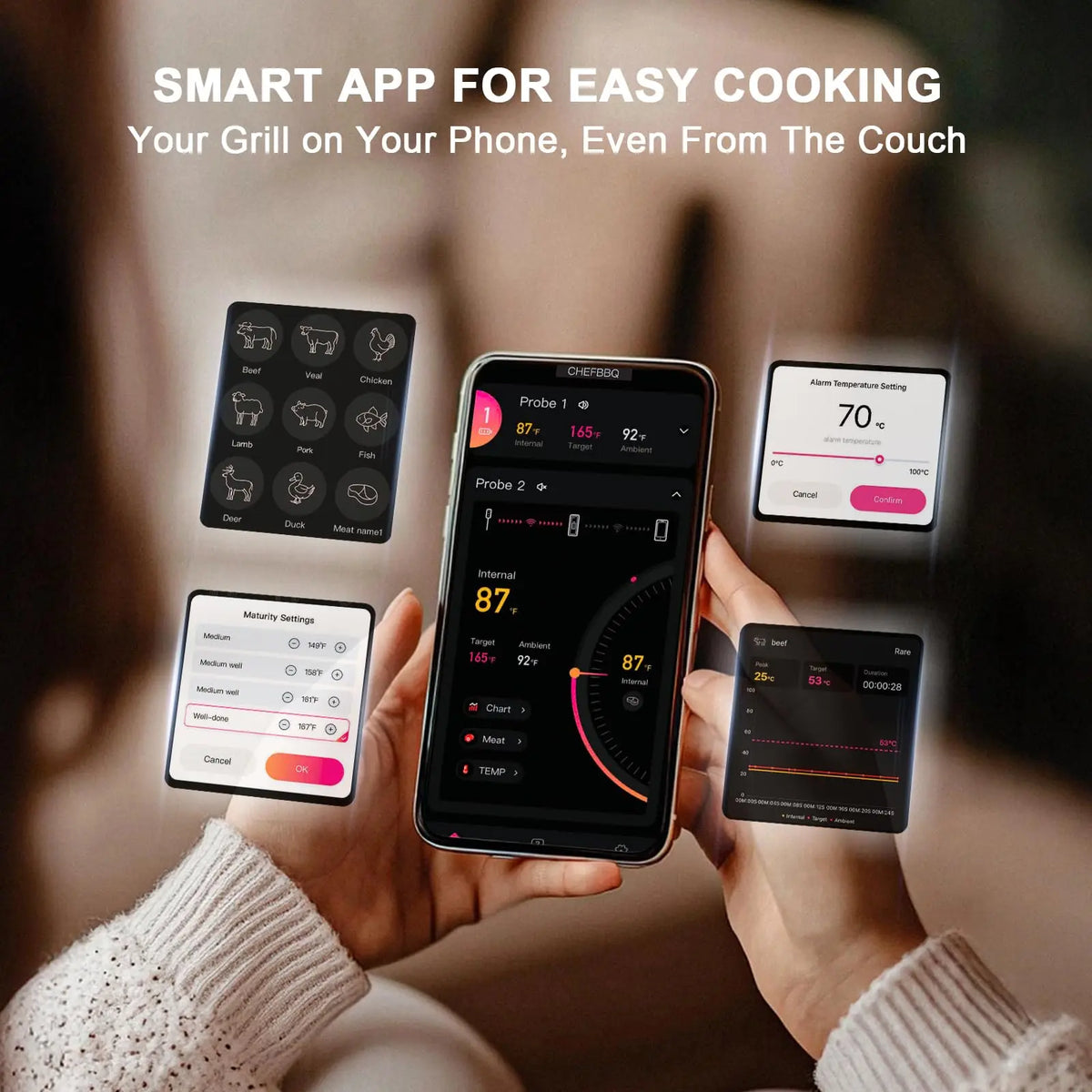 Wireless Bluetooth Meat Thermometer 4 Probe Support Smart Timer & APP Alerts, Big Digital Backlit Screen, for BBQ, Oven, Smoker